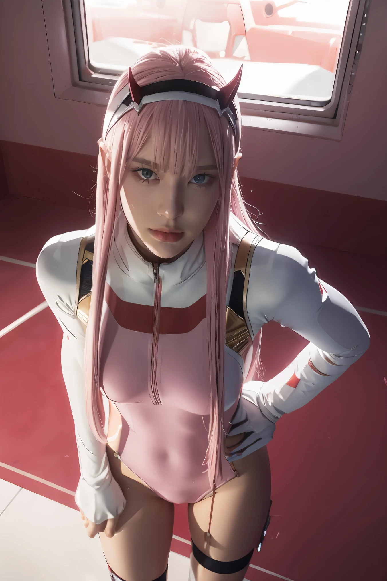 (Overhead view),dynamic angle,ultra-detailed, illustration, straight on, 1girl, ((Zero two, interface headband with a pair of horns, red bodysuit:1.4, pink hair)), Her eyes shone like dreamy stars,(glowing eyes:1.233),(beautiful and detailed eyes:1.1),(expressionless, closed mouth),(standing), (mechanic room with tools and spaceship window in a white SPACESHIP), (night:1.2), dreamy, [[delicate fingers and hands:0.55]::0.85],(detail fingers), smirk,