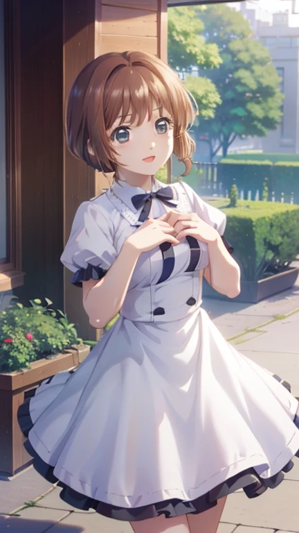 One Girl, Detailed face, , Anime CG Style, Mid-chest, Good lighting, Perfect body, Sakura Kinomoto, Glossy lips, city, garden, A light smile,White Dress,Jumping,Low angle,idol dress, Perfect body, Perfect hands,Curved