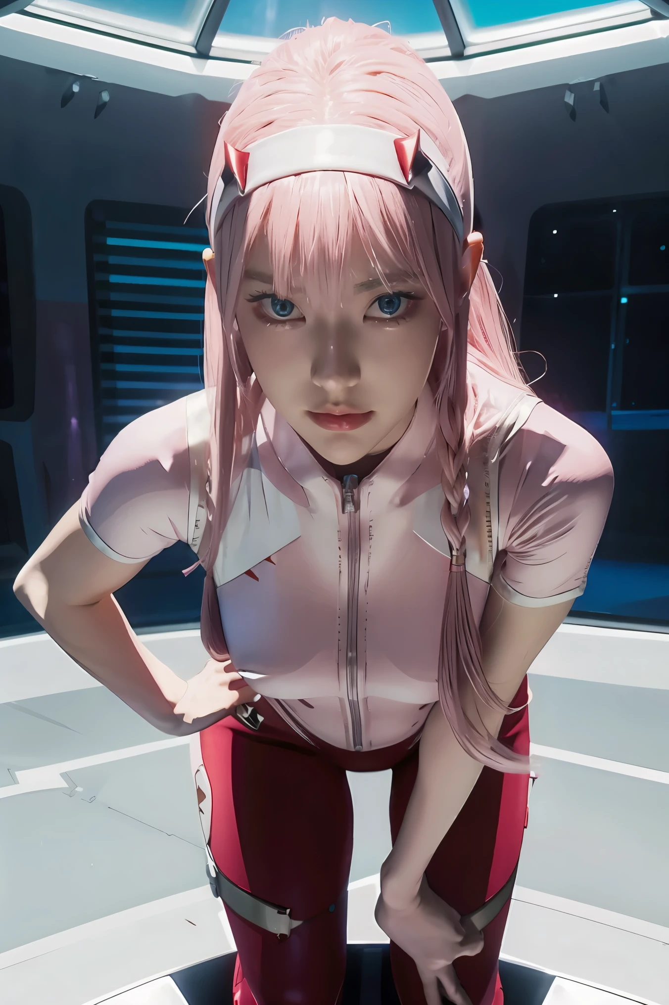 (Overhead view),dynamic angle,ultra-detailed, illustration, straight on, 1girl, ((Zero two, interface headband with a pair of horns, red bodysuit:1.4, pink hair)), Her eyes shone like dreamy stars,(glowing eyes:1.233),(beautiful and detailed eyes:1.1),(expressionless, closed mouth),(standing), (mechanic room with tools and spaceship window in a white SPACESHIP), (night:1.2), dreamy, [[delicate fingers and hands:0.55]::0.85],(detail fingers), smirk,