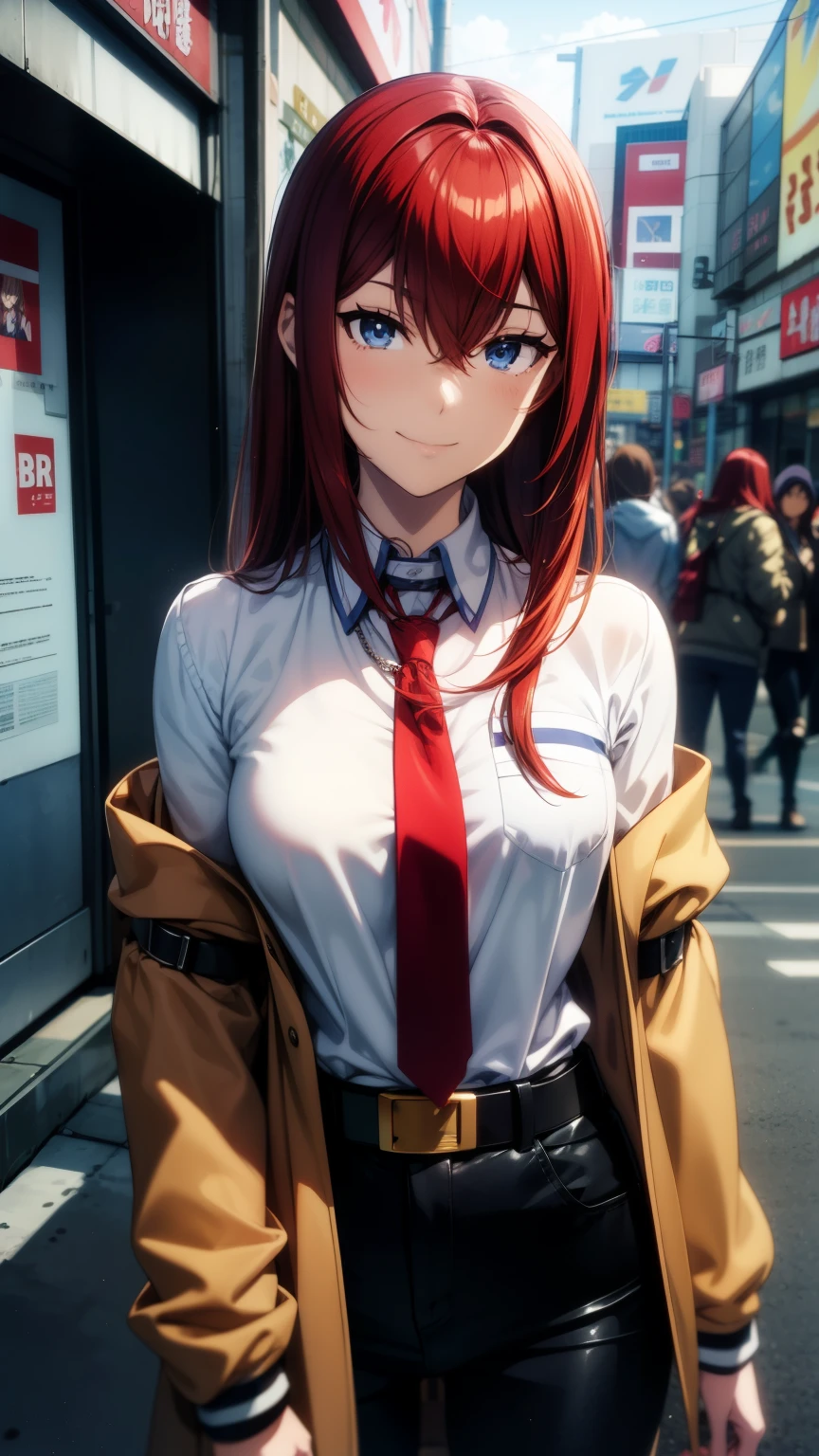 masterpiece、Best Quality、High resolution、Detailed face、((anime、anime塗り、animeカラーリング、RAW Photos)),makise kurisu,1girl, bangs, belt, blue eyes, chain, chained, gloves, ground vehicle, hair between eyes, jacket, long hair, looking at viewer, makise kurisu, necktie, red hair, shirt, Alone, standing,smile,labo,akihabara