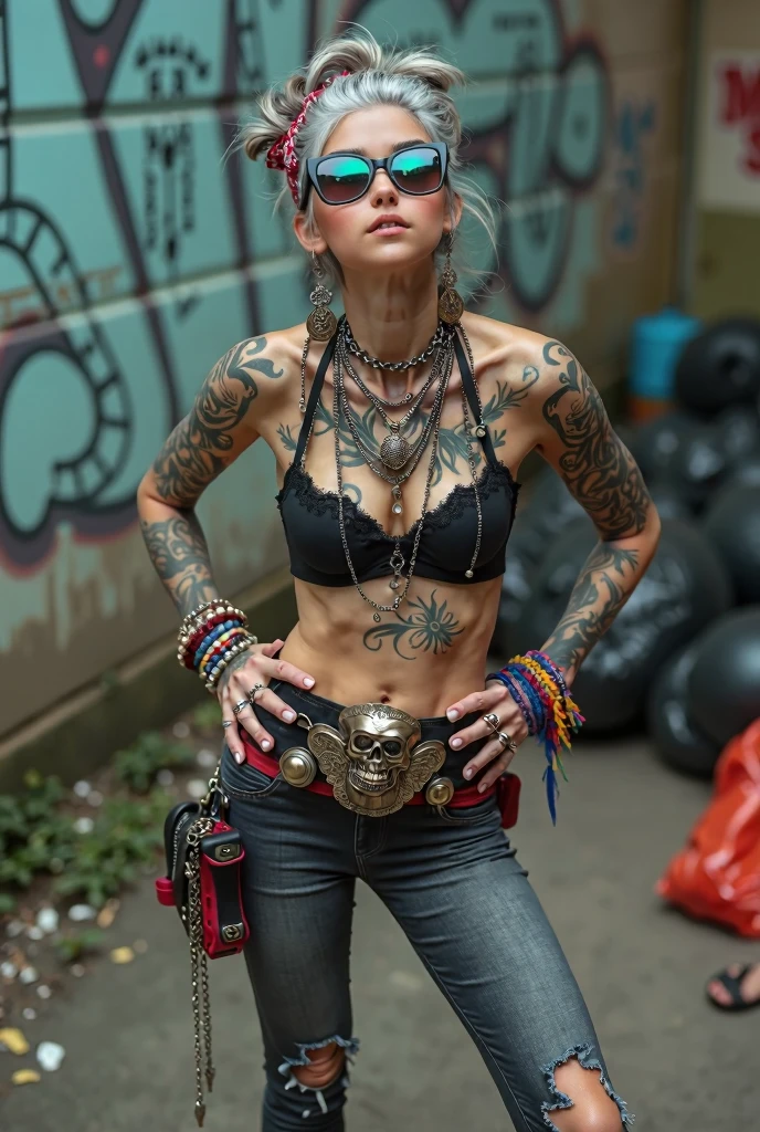 russian old milf woman, grey hair (bouffant, top bun) and oversized square sunglasses and wide colourful bandana as headband, with very light green eyes, extremely pale. Big lips. Black lace push up bra, silicone breast,, dark worn skinny low rise grey jeans with holes on knees ( patched with colourful fabric). White tennis sneakers. Lots of thick wide studded bracelets, chain collars and big rings. Tacky wide studded leather belt with big skull and bones oval buckle. Pistol holster hanging from another loose belt,. Long earrings with chains and feathers. Standing with legs apart, hand s touching her neck, stretching her neck, craving., Neck, chest, stomach and wrists heavily tattoed. Toned abdominals, thin neck, slim legs and thin arms. Narrow hips Graffitied wall behind, waste on the ground and piled garbage bags around. Seen from above
