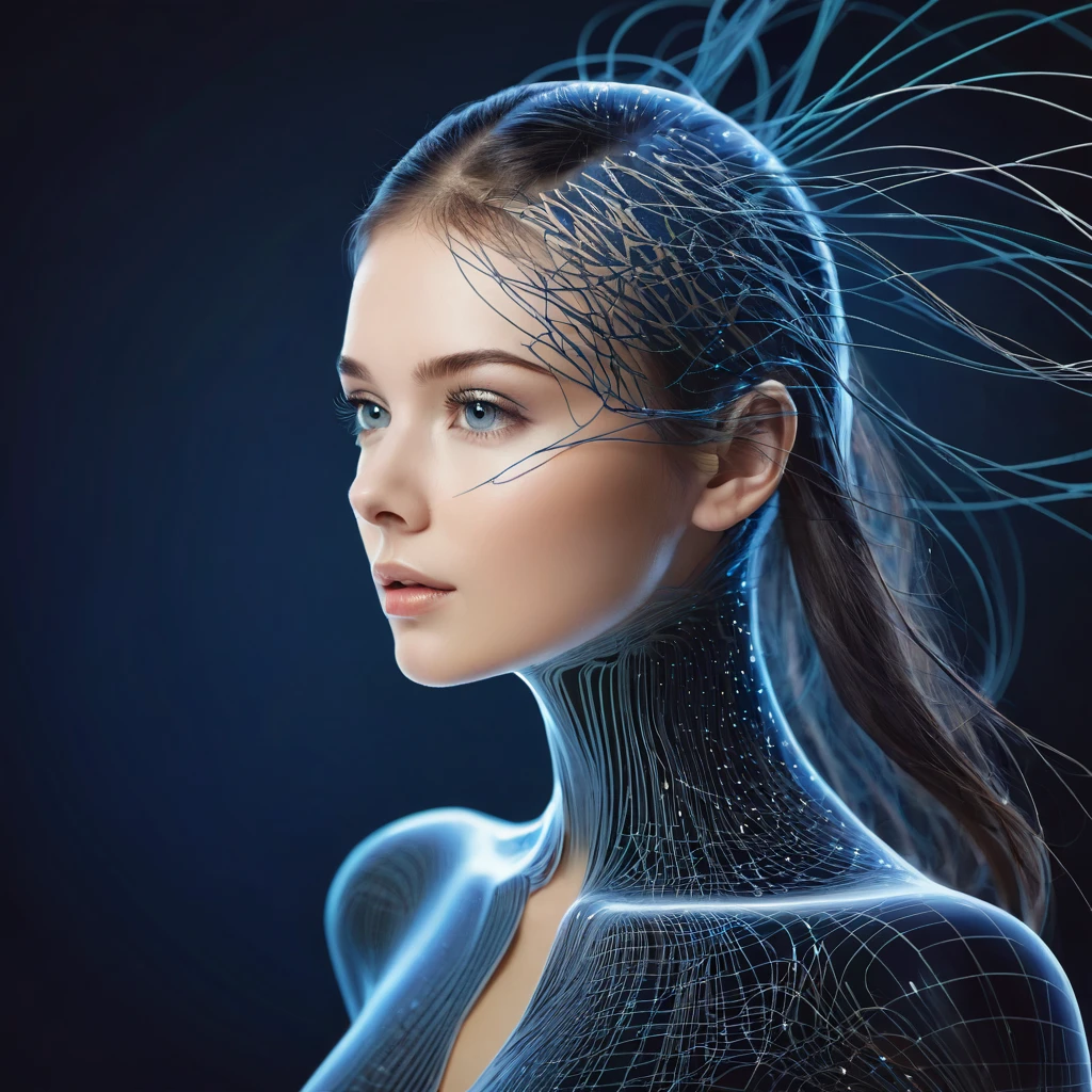Double Exposure photography, of a woman in style of Luminogram portrait with fiber optic light painting, Light painting, Light tracing, Long exposure photography, Holography, double image ghost effect, image combination, double exposure style