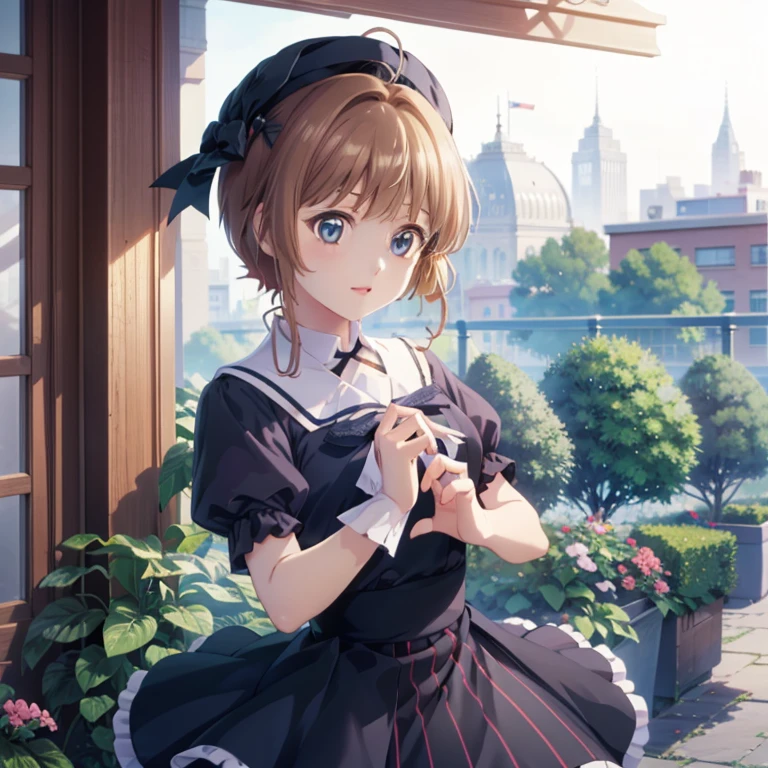 One Girl, Detailed face, , Anime CG Style, Mid-chest, Good lighting, Perfect body, Sakura Kinomoto, Glossy lips, city, garden, A light smile,White Dress,Jumping,Low angle,idol dress, Perfect body, Perfect hands,Curved,Wearing a sailor-like hat,White Hat,hat with red ribbon