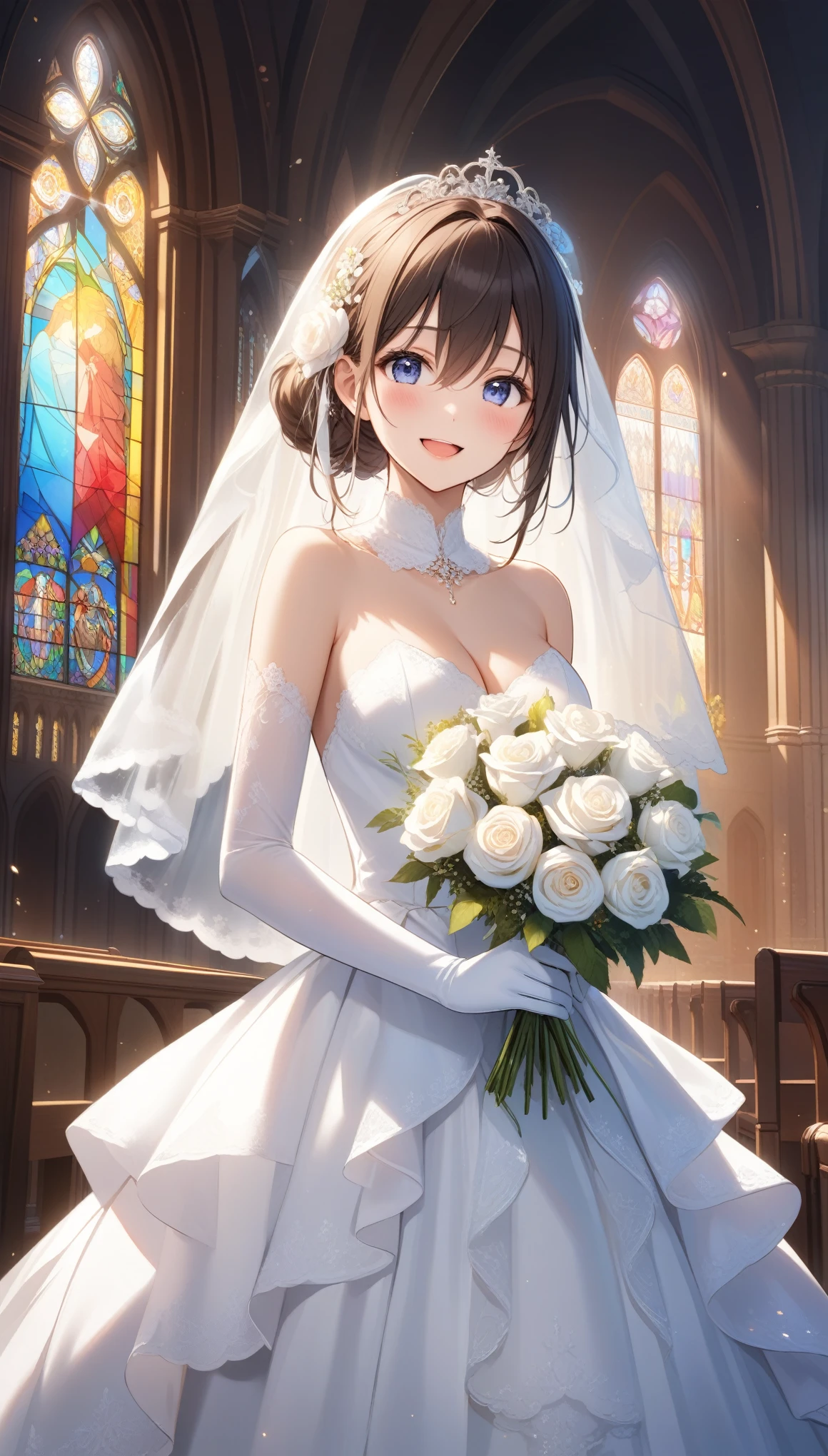 1girl, solo, breasts, looking at viewer, blush, smile, bangs, black hair, gloves, dress, holding, cleavage, bare shoulders, jewelry, medium breasts, closed mouth, standing, ponytail, flower, elbow gloves, white gloves, necklace, white dress, black eyes, strapless, rose, cross, white flower, veil, strapless dress, bouquet, wedding dress, bridal veil, cross necklace, holding bouquet, stained glass, church, ((32k)), ((best quality)), ((ultra high res)), ((HDR)), ((UHD)), ((extremely detailed CG)), ((unity 32k wallpaper)),