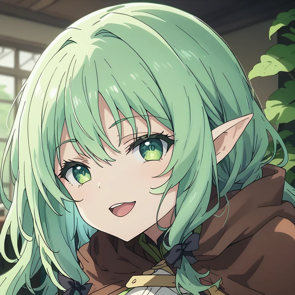 One person, high elf archer \(goblin slayer!\), goblin slayer!, elf, green hair, green eye, black ribbon, brown cloak, black gloves, smile、A masterpiece break in a fantastic forest、Beautiful attention to detail:1.2, Perfect lighting, (perfect hand, perfect anatomy), Precise depiction、Vibrant colors