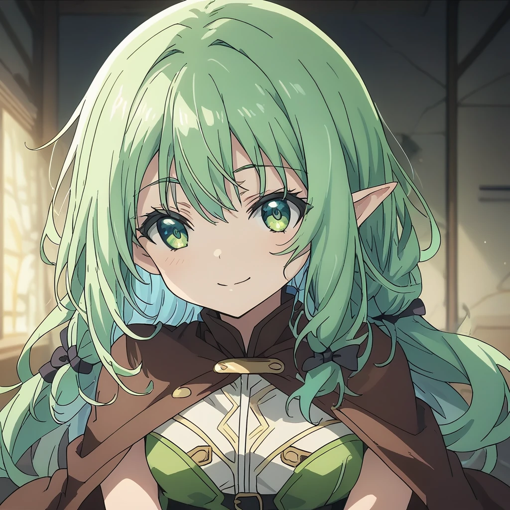 One person, high elf archer \(goblin slayer!\), goblin slayer!, elf, green hair, green eye, black ribbon, brown cloak, black gloves, smile、A masterpiece break in a fantastic forest、Beautiful attention to detail:1.2, Perfect lighting, (perfect hand, perfect anatomy), Precise depiction、Vibrant colors