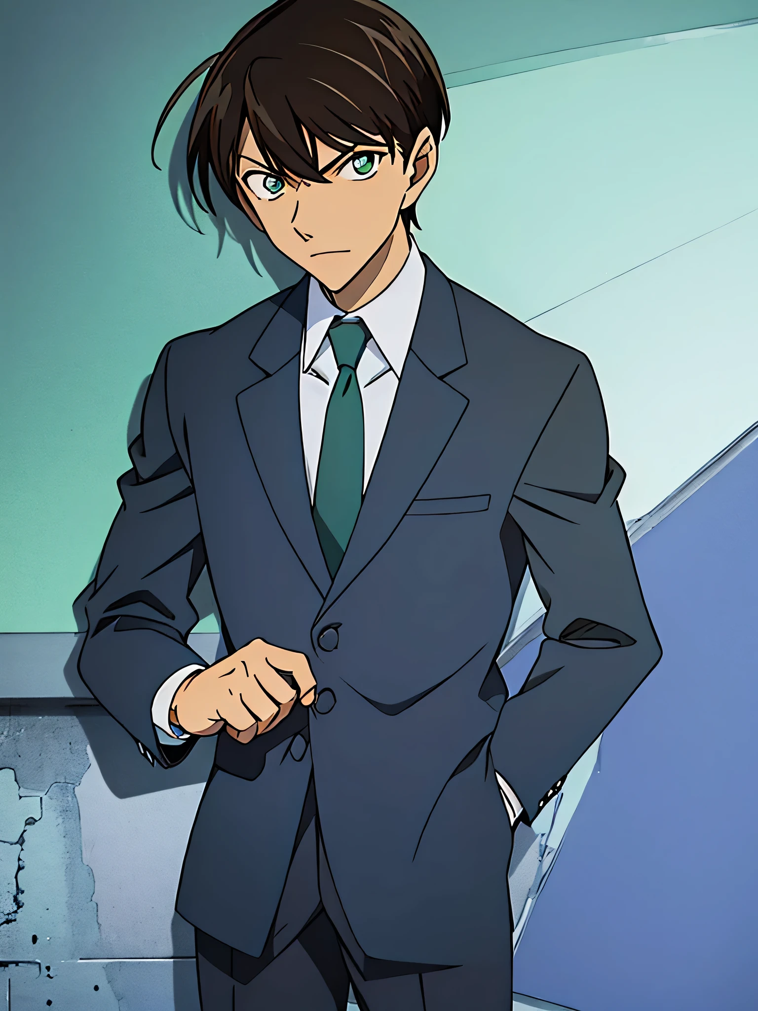 Yagami light, solo, dark blue suit, green necktie, dark blue slack,green eye, classroom background,