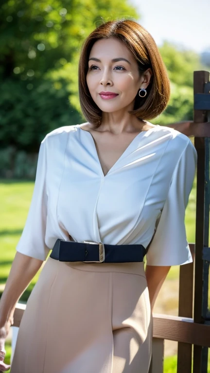 wears a black leather collar, 1/3 configuration, sharpen, solid color background, gravure, table top, highest quality, super detailed, realistic, super dense skin, perfect anatomy, (1 Japanese mature woman), (alone), 90 years old, big breasts, Mature AV Actress, Glamour, Sexy, pure white skin, looking at the viewer