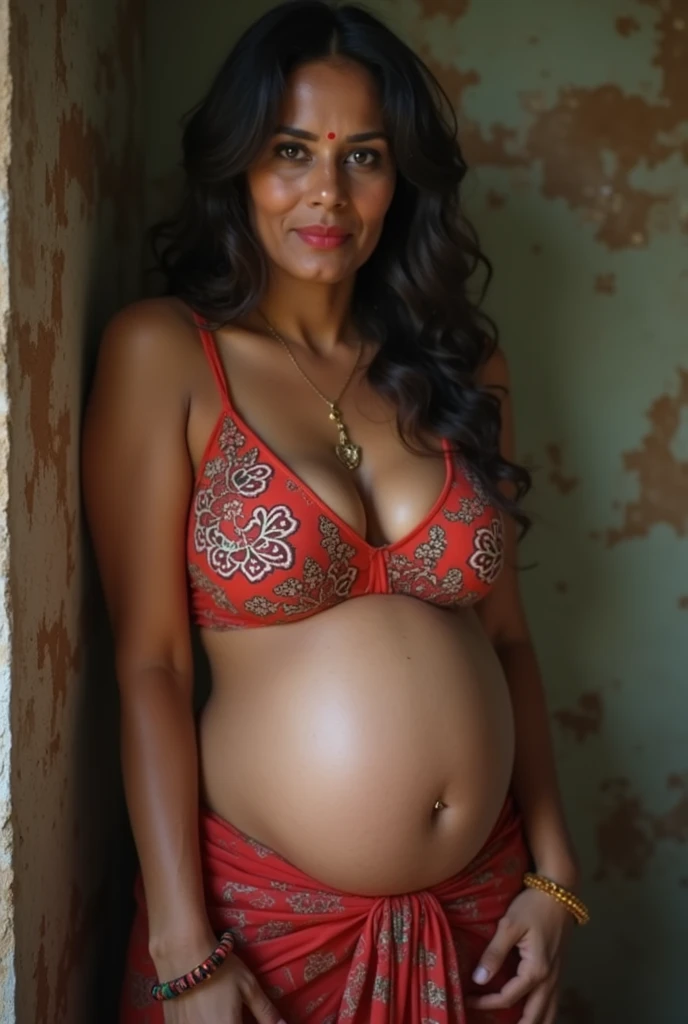 mulher gravida no vestido vermelho segurando um prato de comida e uma rosa, pregnant belly, in a oil painting style, Tiro de glamour, pregnant, Retrato de meio corpo de Juliana, Mulher de 30 anos de Cuba, color studio portrait, 3 5 year brazilian mother, Alanis Guillen, Foto de perfil, close up tiro de meio corpo, renderizado, retrato!!!, gravidez