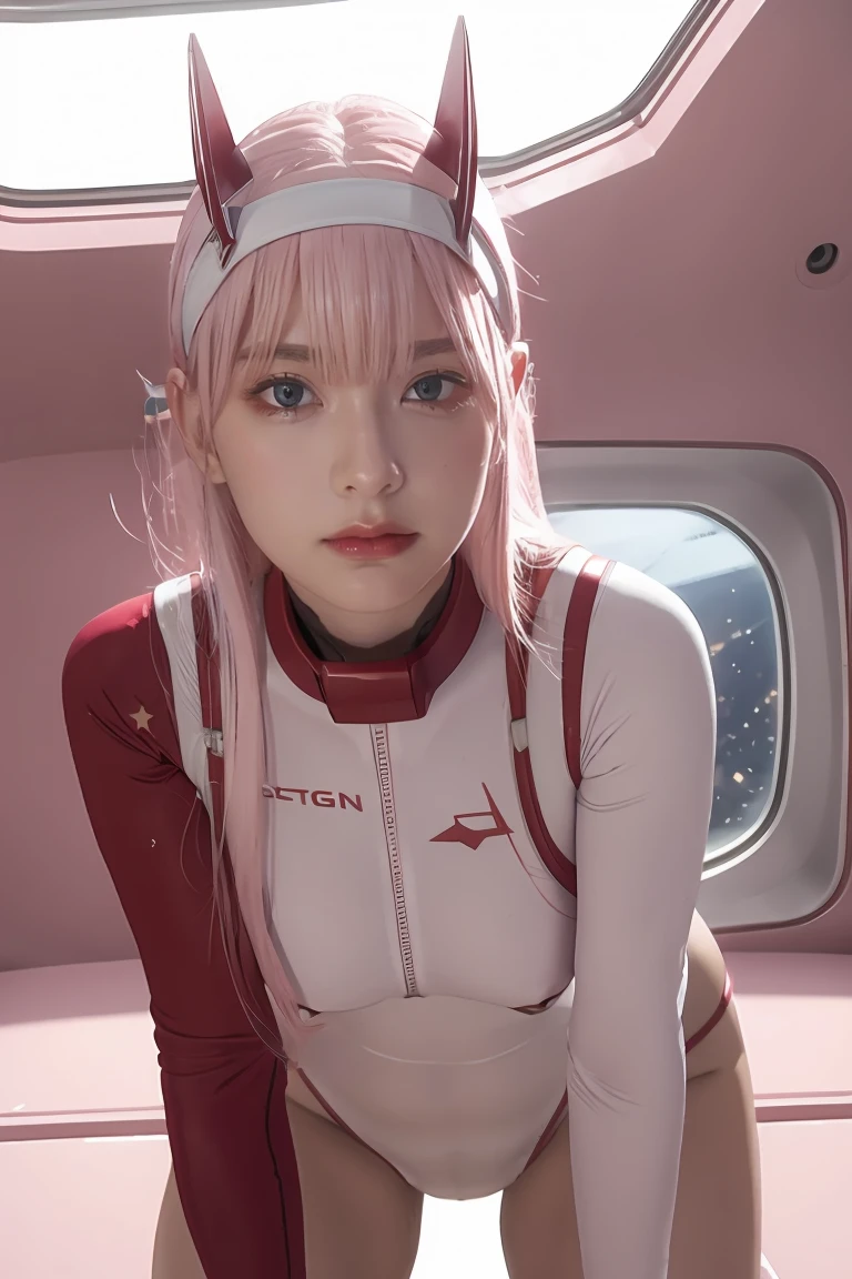 dynamic angle,ultra-detailed, illustration, straight on, 1girl, ((Zero two, interface headband with a pair of horns, red bodysuit:1.4, pink hair)), Her eyes shone like dreamy stars,(glowing eyes:1.233),(beautiful and detailed eyes:1.1),(expressionless, closed mouth),(standing), (mechanic room with tools and spaceship window in a white SPACESHIP), (night:1.2), dreamy, [[delicate fingers and hands:0.55]::0.85],(detail fingers), smirk,