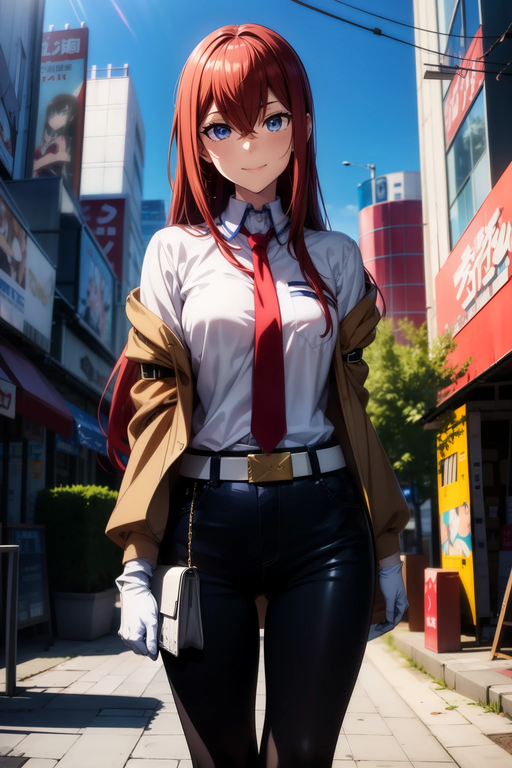 masterpiece、Best Quality、High resolution、Detailed face、((anime、anime塗り、animeカラーリング、RAW Photos)),makise kurisu,1girl, bangs, belt, blue eyes, chain, chained, gloves, ground vehicle, hair between eyes, jacket, long hair, looking at viewer, makise kurisu, necktie, red hair, shirt, Alone, standing,smile,labo,akihabara