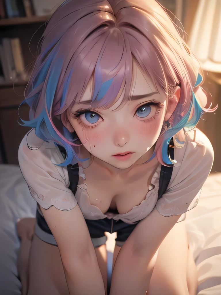 ultra-detailed、(8k, RAW photo, best quality, masterpiece:1.2), (extremely detailed 8k wallpaper),professional lighting,sharp focus, depth of field,((beautiful 1girl)),((Fluffy loungewear、Short shorts)),(((face close up))),((fluffy short bob、rainbow colored curl hair、curly hair))、(Beautiful Eyes),(((painful、blush、orgasm)))、(((One hand on crotch)))、(bed)、((Sweating))、(((Approaching the viewer on all fours)))