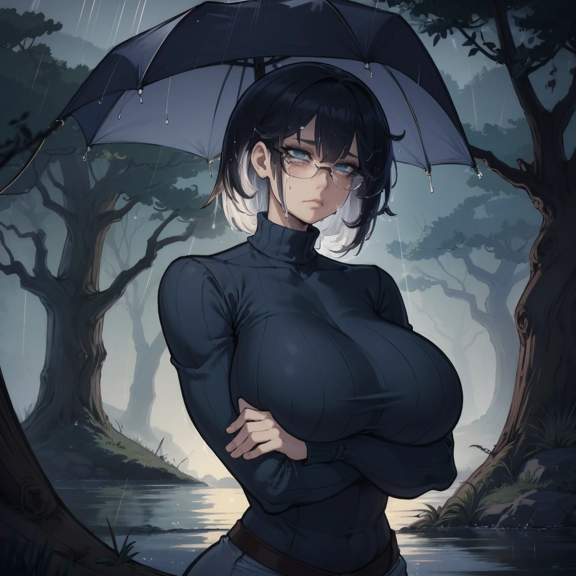 (outside, forest, raining, evening, soft light, dim lit, moody vibe, horror \(theme\), ), (insanely detailed, beautiful detailed face, masterpiece, best quality), 1girl, mature female,blue eyes, light skin, sad,glasses,crying,shy,white tight sweater,fishnets,short black hair, curvy, plump,huge breasts,perfect firm breasts,((arms crossed under breasts)),wet clothes, wet hair,rain