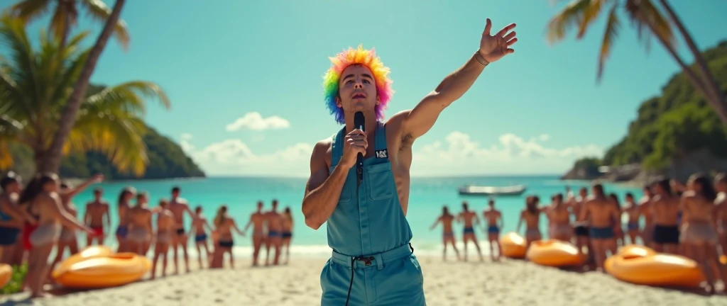A handsome young man with a beautiful, thin, white face, fair and smooth skin, shirtless, wearing a pink swimsuit, short black hair, on a catwalk at a men's beach party, holding a beach ball in his hand, the audience applauding and celebrating with bubbles. A tall, thin, white, shirtless man.