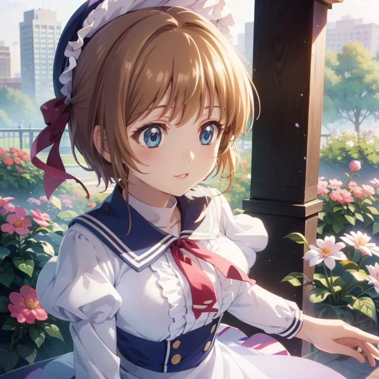 One Girl, Detailed face, , Anime CG Style, Mid-chest, Good lighting, Perfect body, Sakura Kinomoto, Glossy lips, city, garden, A light smile,White Dress,Jumping,Low angle,idol dress, Perfect body, Perfect hands,Curved,Wearing a sailor-like hat,White Hat,hat with red ribbon