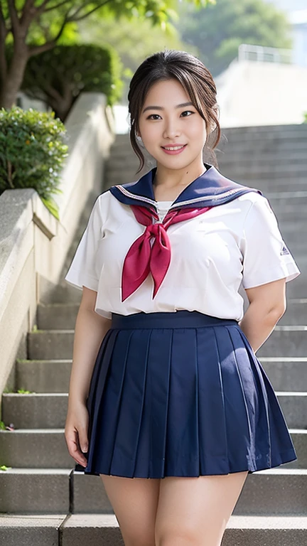 4K、Japanese Mature、(5:1.6)、housewife、 (((Plump figure、Large Breasts、Emphasizes plump thighs:1.2)))、(Earrings)、((High School Uniform、Sailor suit、Red neckerchief、Ultra short navy mini skirt:1.3))、(Wearing loafers:1.3)、(Standing on the stairs in the park、Shot from the bottom of the stairs、Photograph the front、Full body shot:1.3)、With pride、(((ローファーから頭までFull body shot:1.1)))、Smiling and looking at the camera