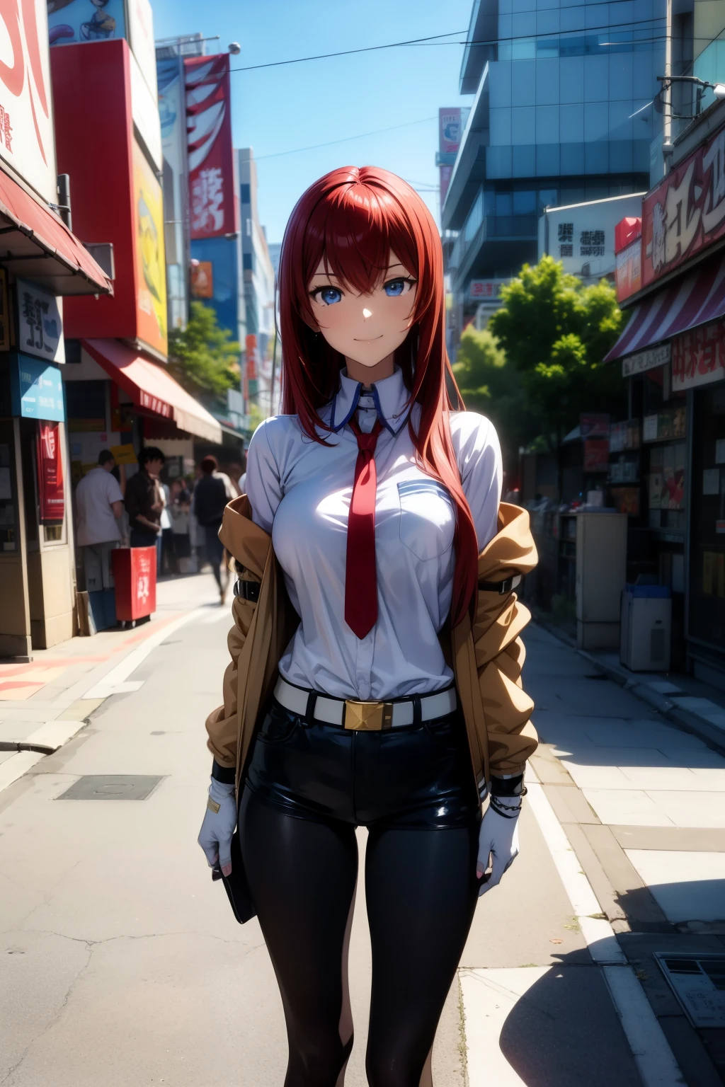 masterpiece、Best Quality、High resolution、Detailed face、((anime、anime塗り、animeカラーリング、RAW Photos)),makise kurisu,1girl, bangs, belt, blue eyes, chain, chained, gloves, ground vehicle, hair between eyes, jacket, long hair, looking at viewer, makise kurisu, necktie, red hair, shirt, Alone, standing,smile,labo,akihabara