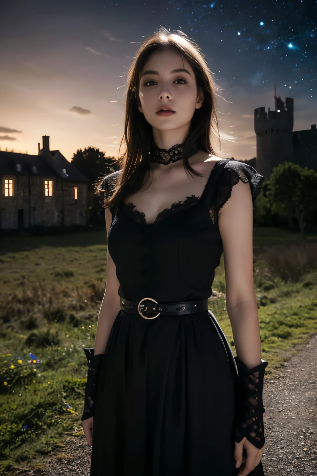 1 girl, (She is wearing a gothic black dress.:1.2), Very beautiful Japanese idol portraits(RAW Photo Best Quality), (Realistic, Realistic:1.4), (masterpiece), 
Very delicate and beautiful, Very detailed, 2k wallpaper, wonderful, finely, Very detailed CG Unity 8K wallpaper, Very detailed, High resolution, Soft Light, 
Beautiful detailed girl, Very detailed目と顔, Beautiful and sophisticated nose, Beautiful beautiful eyes, Cinema Lighting, 
(She was standing in front of a medieval castle in France..:1.3), (Night Sky, milky way), (Girl full body silhouette:1.2), (Dark screen:1.5), (Desolate landscape), (I am so lonely),
(Medium Hair), (Hair blowing in the wind), 
Perfect Anatomy, Slender body, Small breasts