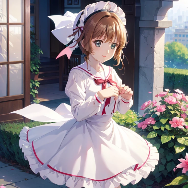 One Girl, Detailed face, , Anime CG Style, Mid-chest, Good lighting, Perfect body, Sakura Kinomoto, Glossy lips, city, garden, A light smile,White Dress,Jumping,Low angle,idol dress, Perfect body, Perfect hands,Curved,Wearing a sailor-like hat,White Hat,hat with red ribbon