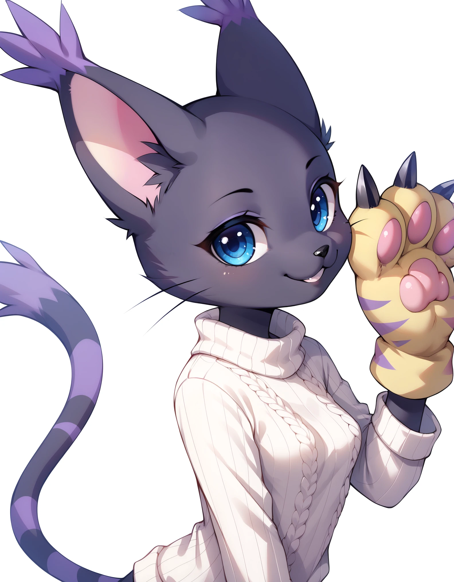 score_9, score_8_up, score_7_up, rating_safe, gatomon black, wild, (digimon), solo, alone, looking at viewer, blue eyes, black fur, striped tail, gloves, paw shaped gloves, paw pads,, digital_media_(artwork) hi_res, beautiful, anthropomorphic, furry, female, slim, slender, small breasts, cute, big sweater, blonde fur, beautiful blue eyes, smile, alone, nsfw, black Gatomon, Black Tailmon, no pants, white background