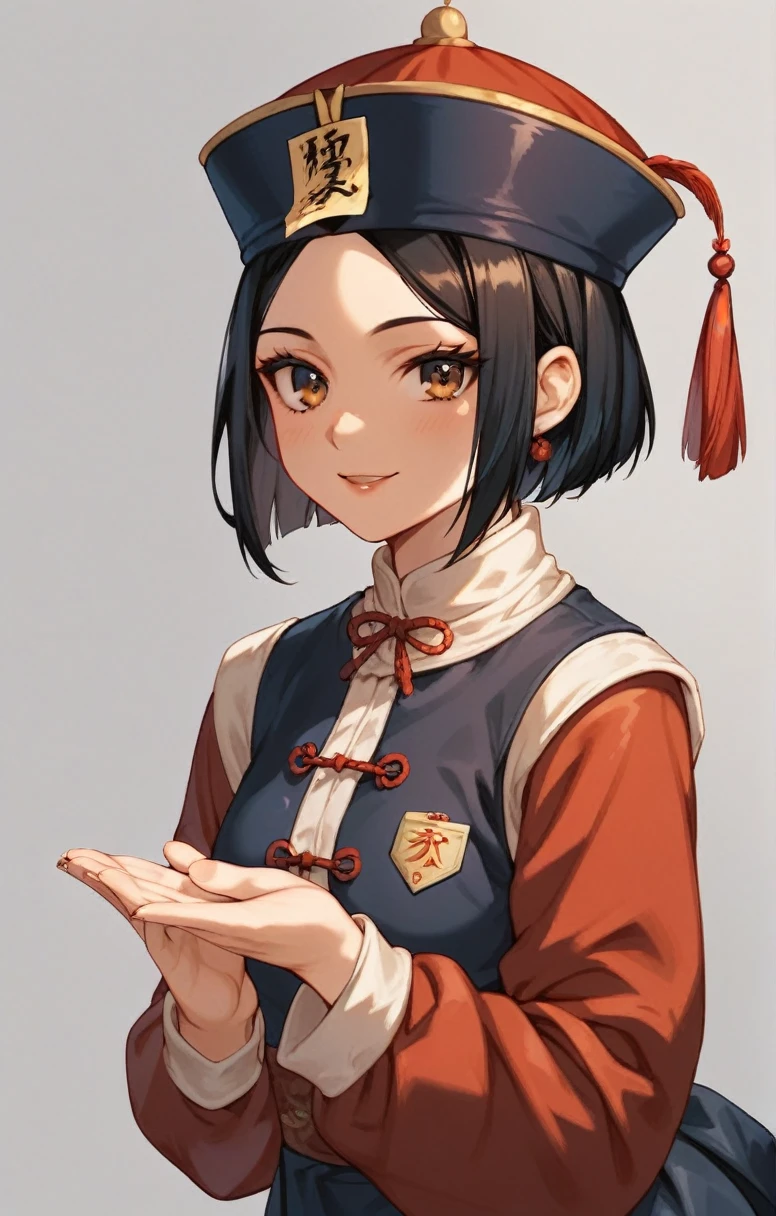 Score_9, Score_8_up, Score_7_up, Score_6_up, Score_5_up, Score_4_up, Jiangshi, One girl, Short Hair, cute, Dressed in black Chinese embroidered clothing, hat, Bills on the forehead, Put your arms out in front of you, Hanging hands, 