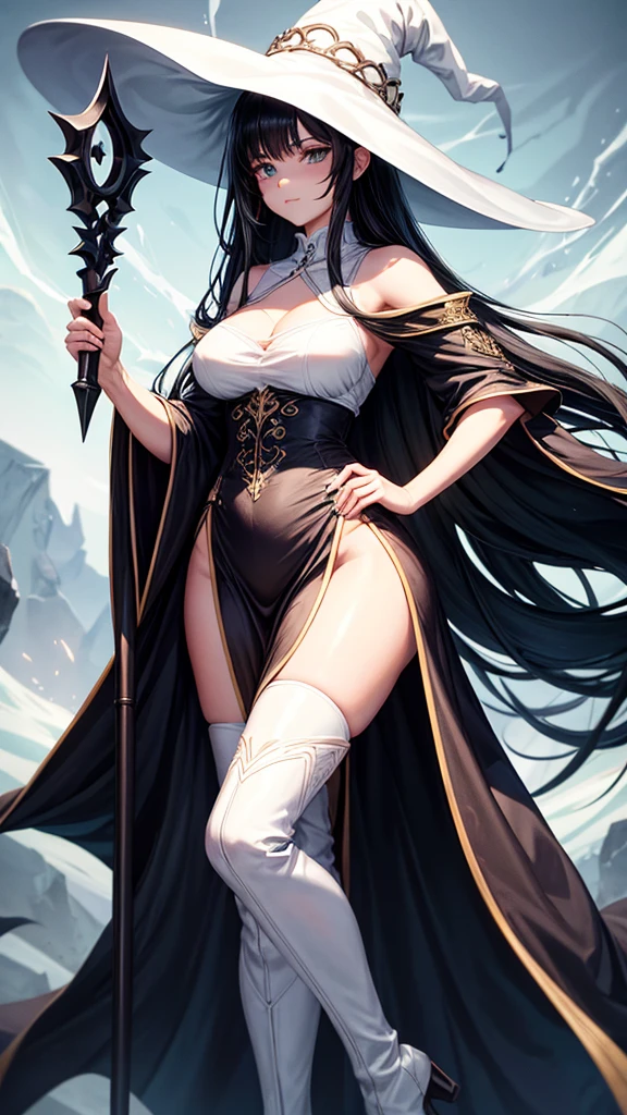 score_9, score_8_up, score_7_up, score_6_up, uncensored, Yor Briar, black hair, earrings, white hairband, hairband, long hair, sidelocks, red eyes, naughty face, shiny skin, sweating, steaming body, heavy breathing, BREAK (masterpiece:1.2), best quality, high resolution,(detailed eyes:1.3), perfect lighting,(perfect hands, perfect anatomy), large breasts, Masterpiece, close up, medieval setting, fantasy world, magical, forest, dark, snow, woman, innocent, cute, mage, soft expression, curious look, green eyes, medium length hair, light brown hair, white mage clothing, thighs, thigh high boots, short green cowl, standing, holding staff
