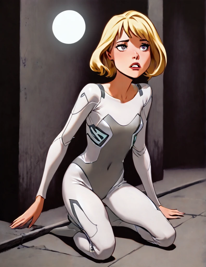  There is a thin anorexic  short haired blonde girl who  is kneeling with ger legs together. The girl is wearing a gray sci-fi body suit with fingers and toes.The anorexic  girl has an horrified expression on her face. The anorexic girl has sunken in cheeks. A bright white orb of energy is coming from the anorexic girl’s chest. The anorexic girl looks fatigued. She is in a dark scifi hallway that is barely lit up. 