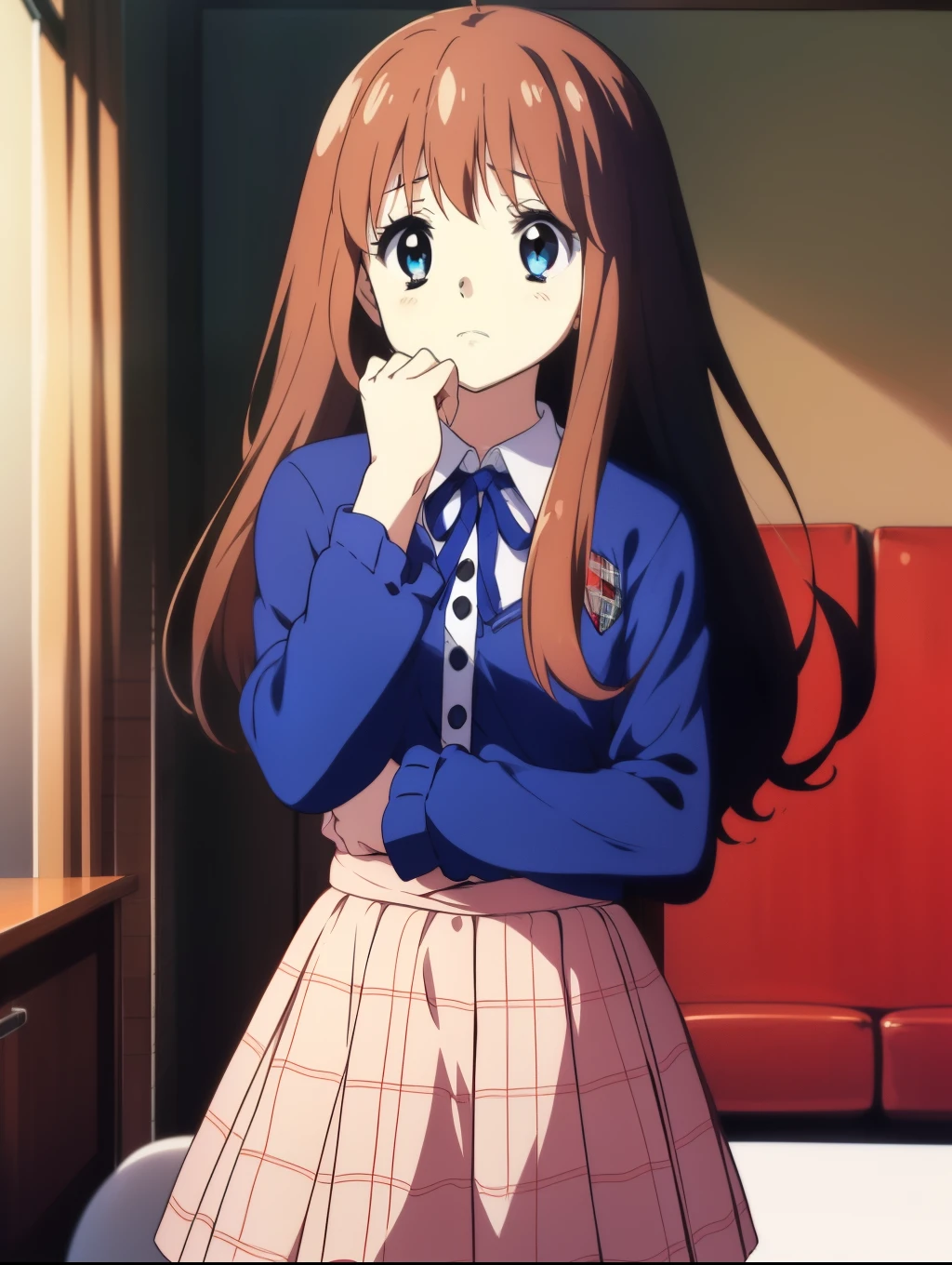 Ai shindou, 1girl, solo, long hair, floating hair, blue skirt, blue uniform, brown hair,  long sleeves, blue sea eyes, plaid, cover face with hands, sad, plaid skirt, ribbon, cowboy Shot,
home in the room,
masterpiece, high quality, very_high_resolution, large_filesize, full color,