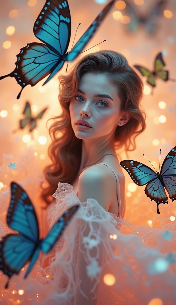 Perfect face, close up of face, 1 lady, solo, beautiful Swedish mature lady, reddish updo, blue eyes, maid outfit, white maid headband, Several blue butterflies flutter with glowing particles around her outstretched hand. hyperrealism, realistic, photorealistic, sharp focus, physically based rendering, highly detailed, professional, bokeh, cinematic lighting, half of face shaded with side lighting