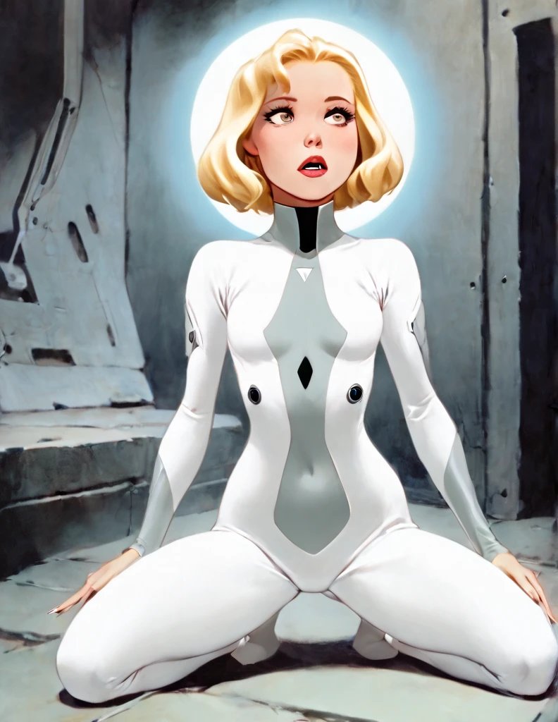  There is a thin anorexic  short haired blonde woman who  is kneeling with ger legs together. The woman  is wearing a gray sci-fi body suit with fingers and toes.The anorexic  woman has an horrified expression on her face. The anorexic woman has sunken in cheeks. A bright white orb of energy is coming from the anorexic woman  chest. . She is in a dark scifi hallway that is barely lit up. 