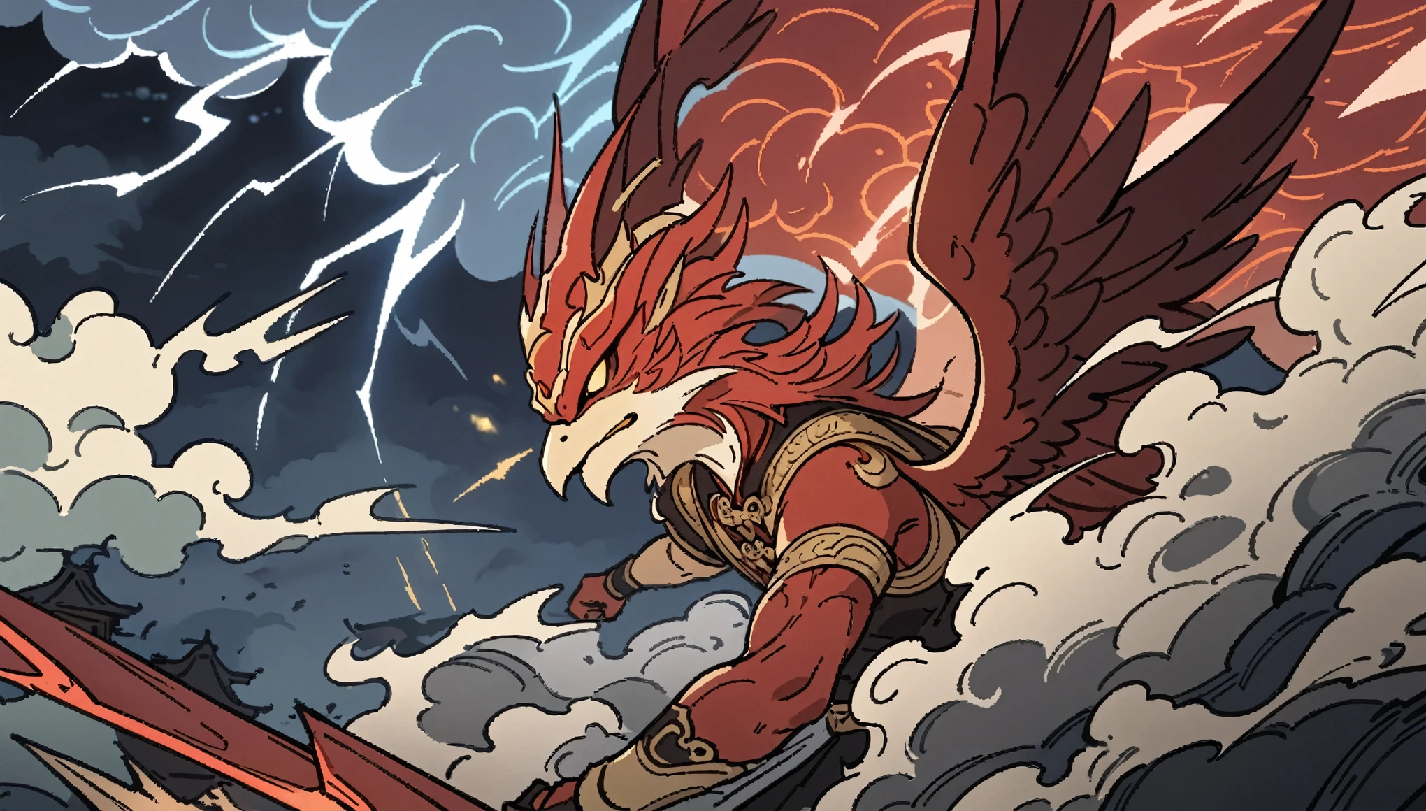 leigong, god of thunder, hammer chisel, wings, lightning, red wings, bird face, chinese god of thunder, close up, epic scene, lightning clouds, chinese style, clouds, thunder, lighting, flat vector, outlines, illuminating the sky, hd, vector, illustrated, hd, 4k detailed, high quality, artisitc