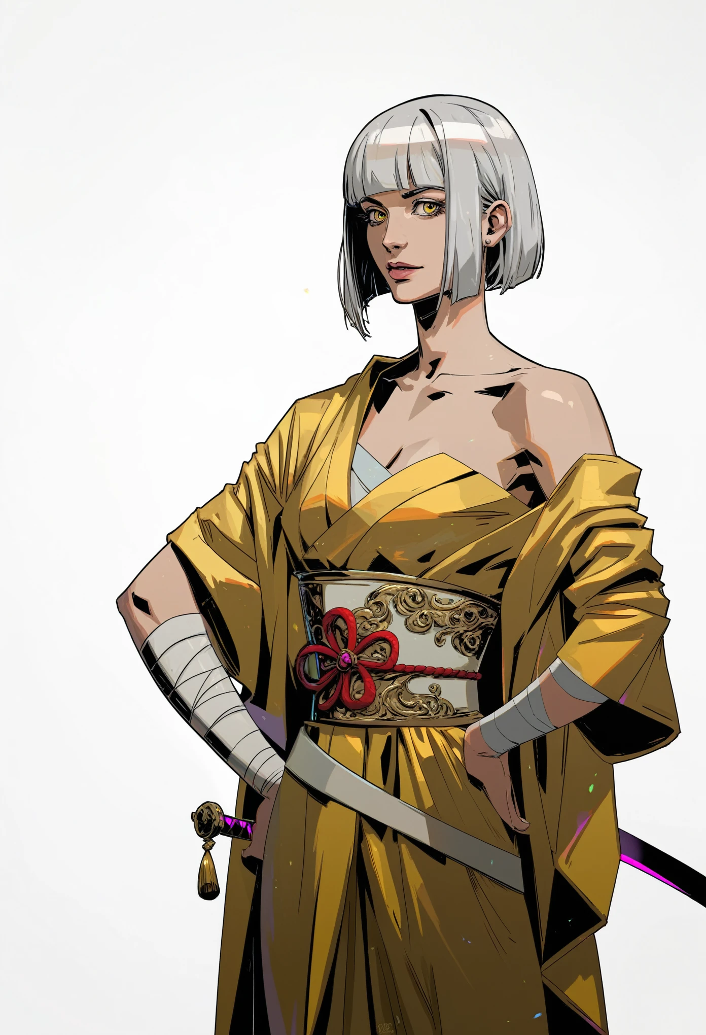 score_9, score_8_up, score_7_up, score_6_up, 1girl, hds style, cel shade, linear hatching, bandage wrapped arms, black and yellow Kimono, sword on hip, blunt bangs, bob cut, white hair, yellow eyes, elegant, sophisticated, 4K resolution, perfect lighting, perfect colors, perfect perspective, balanced composition,High quality, cinematic, dramatic, vibrant colors, bold and dynamic, intricate, detailed, white background,
