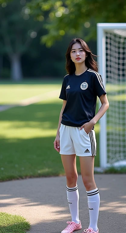 (8k、RAW Photography、top-quality、masterpiece:1.2)、(realisitic、realisitic:1.37)、超A high resolution、photon maping、Physically Based Rendering、1girl in、(brunette:1.3)、long legged、A detailed face、A detailed eye、is standing、Look at viewers、(Light Smile Cute:1.2)、(happiness)、Healing cute、(Soccer Field:1.2)、(early evening:1.2)、sweat pant、Open Sports Jacket、Sportsbra、A whistle hanging on the chest、
