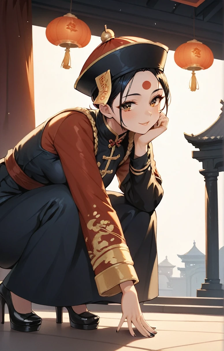 Masterpiece, Full body portrait, Score_9, Score_8_up, Score_7_up, Score_6_up, Score_5_up, Score_4_up, Jiangshi, One girl, Short Hair, cute, Pale skin, Dressed in black Chinese embroidered clothing, hat, Bill on forehead, Put your arms out in front of you, Hanging hands, Temple of the Night, moonlight, moonlight