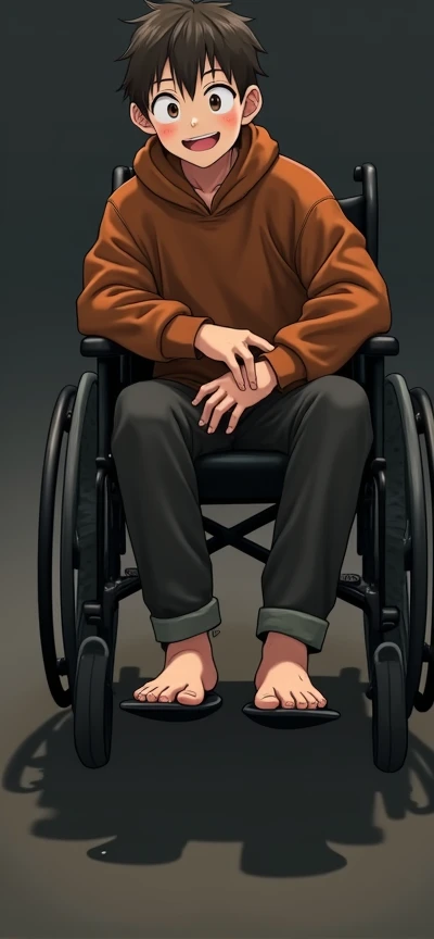 A young bald anime 20 year old handsome male prisoner,Showing his dirty feet,In a prison cell,stripe,Sweaty dirty feet,Focus on sweaty muddy dirty feet,The soles of the shoes are covered with dirt and stains