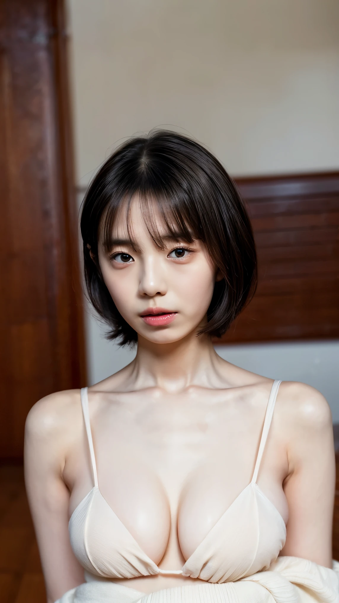 ((Petite women, Sensual woman, No makeup, 柔らかい笑face)), (((Small eyes, length, Narrow eyes, Black Hair, Short Bob Hair))), (Full body portrait, Short Hair, Large Breasts, Wearing a white T-shirt, Protruding nipples, Thick pubic hair), White skin, Glossy pale lips, skinny, Body Type, Delicate and sexy collarbone, Best Quality, RAW Photos, Realistic, face, so beautiful, cute, Depth of the written border, High resolution, 超detailed, detailed, Very detailed, extremely detailed eye and face, Sharp pupils, Sharp focus, Cinema Lighting