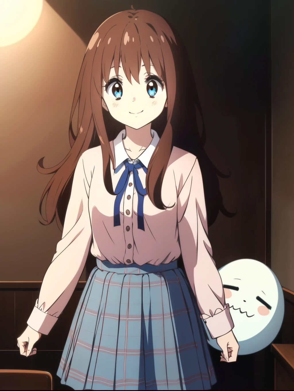 Ai shindou, 1girl, solo, long hair, floating hair, blue skirt, blue uniform, brown hair,  long sleeves, blue sea eyes, plaid, ghost, smile, plaid skirt, ribbon, cowboy Shot,
Darkness in the room,
masterpiece, high quality, very_high_resolution, large_filesize, full color,