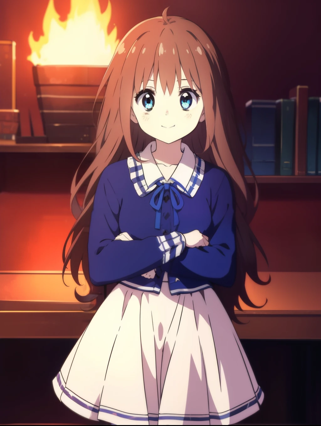 Ai shindou, 1girl, solo, long hair, floating hair, blue skirt, blue uniform, brown hair,  long sleeves, blue sea eyes, plaid, ghost, smile, plaid skirt, ribbon, cowboy Shot,
Darkness in the room, fire behind and near, blue fire color
masterpiece, high quality, very_high_resolution, large_filesize, full color,