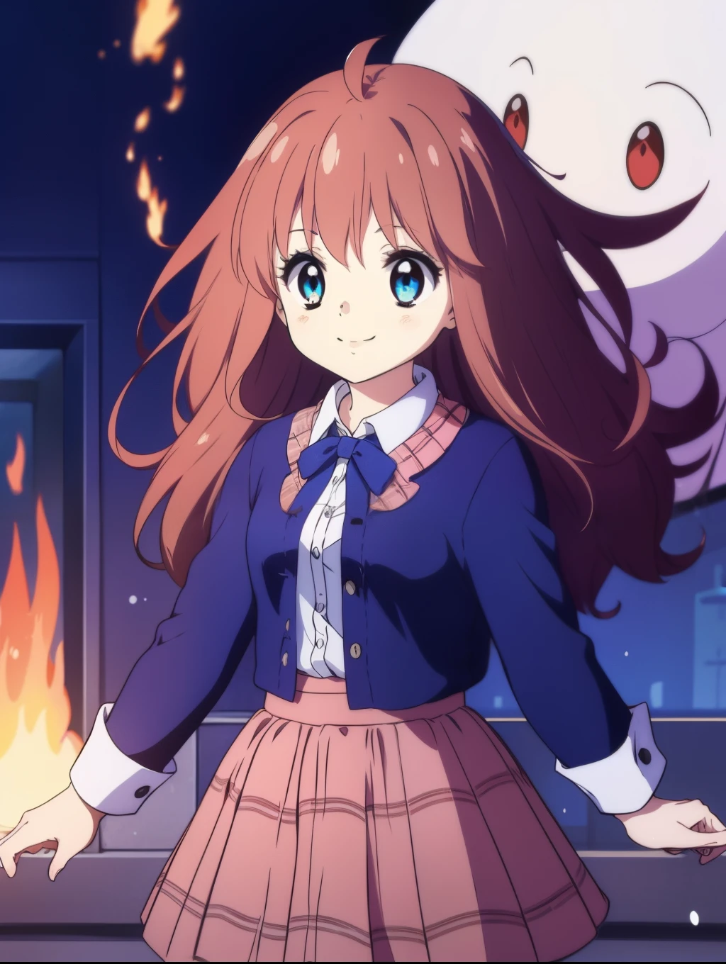 Ai shindou, 1girl, solo, long hair, floating hair, blue skirt, blue uniform, brown hair, long sleeves, blue sea eyes, plaid, ghost, smile, plaid skirt, ribbon, cowboy Shot,
Darkness in the room, fire behind and near, blue fire color
masterpiece, high quality, very_high_resolution, large_filesize, full color,