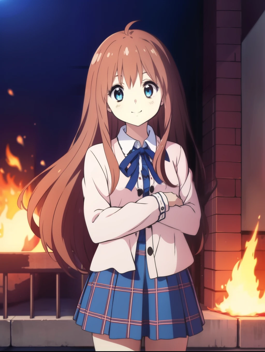 Ai shindou, 1girl, solo, long hair, floating hair, blue skirt, blue uniform, brown hair,  long sleeves, blue sea eyes, plaid, ghost, smile, plaid skirt, ribbon, cowboy Shot,
Darkness in the room, fire behind and near, blue fire color
masterpiece, high quality, very_high_resolution, large_filesize, full color,