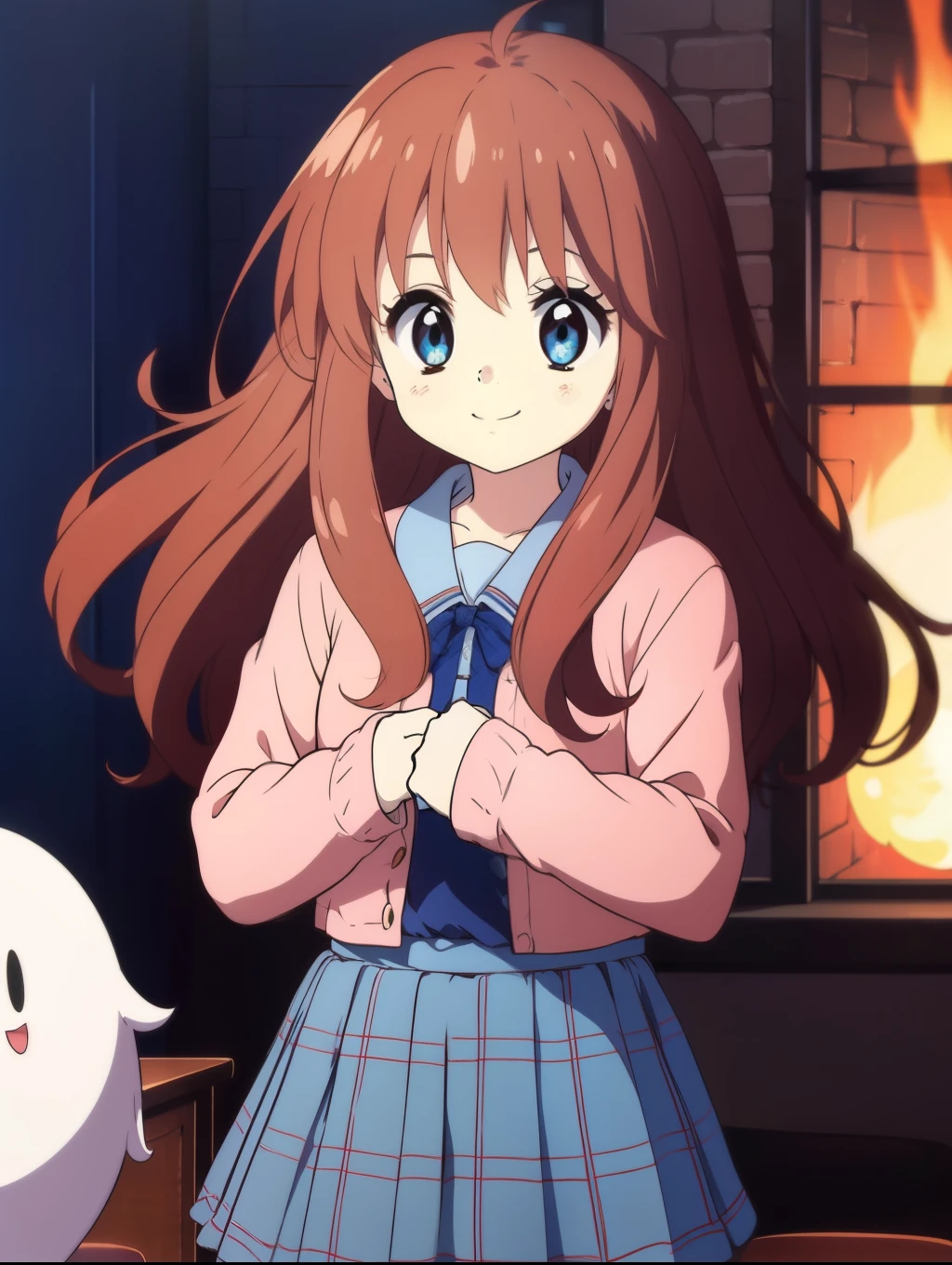 Ai shindou, 1girl, solo, long hair, floating hair, blue skirt, blue uniform, brown hair,  long sleeves, blue sea eyes, plaid, ghost, smile, plaid skirt, ribbon, cowboy Shot,
Darkness in the room, fire behind and near, blue fire color
masterpiece, high quality, very_high_resolution, large_filesize, full color,