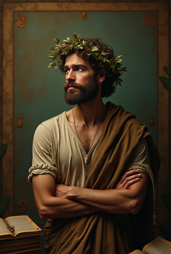 Catholic baroque image of St. John the Baptist, he is a 40-year-old man, skinny man. He has one of his fingers pointing to the sky. He is dressed in a camel skin tunic with his body a little showing, he is holding a staff, his hair is unkempt, he has a big beard. He has a wild appearance but has a serious and quiet look