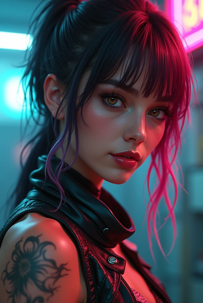 pixel art style masterpiece,best quality, ultra realistic,32k,RAW photo,detail skin, 8k uhd, dslr,high quality, film grain,\nSlicked-back hair, (girl, bare shoulders, sexy:1.1) . geometric shapes, bold colors, luxurious, elegant, decorative, symmetrical, ornate, detailed, Cyberpunk, led light, advertising light, gradient color scheme, night (blue), painted by seb mckinnon, high detail, digital art, painted sanctimonious