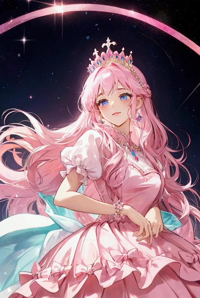 Imagine a vibrant poster with the movie title in elegant letters across the top. At the center, the princess is in the spotlight, wearing a stunning pink dress that flows gracefully to the floor. Her long pink hair falls in soft waves over her shoulders., and your pink eyes shine with a magical light. Your skin is pure white, almost luminous, contrasting with her perfect pink lips that boast a charming smile. Ao redor dela, subtle details of the kingdom hint at an epic adventure to come. The poster radiates a sense of perfection and wonder, inviting everyone to discover the story of the perfect princess.