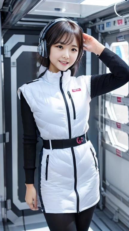 (Best Quality), (masterpiece), 1080P, High resolution, 4K, 8k, Inside the space station、Futuristic room、One Woman,20yo,astrovest,white shiny latex astrovest, black long sleeves,white down skirt,BREAK Shooting from directly below,Composition seen from below:3,BREAK Flip up the skirt、skirt rift up,Show your pants:5,、BREAK Smile、White diapers:3, sweat, Woman looking down,headphone,Braided Hair, Inner Color, Embarrassed face, Short black hair, smartwatch,, bedroom,