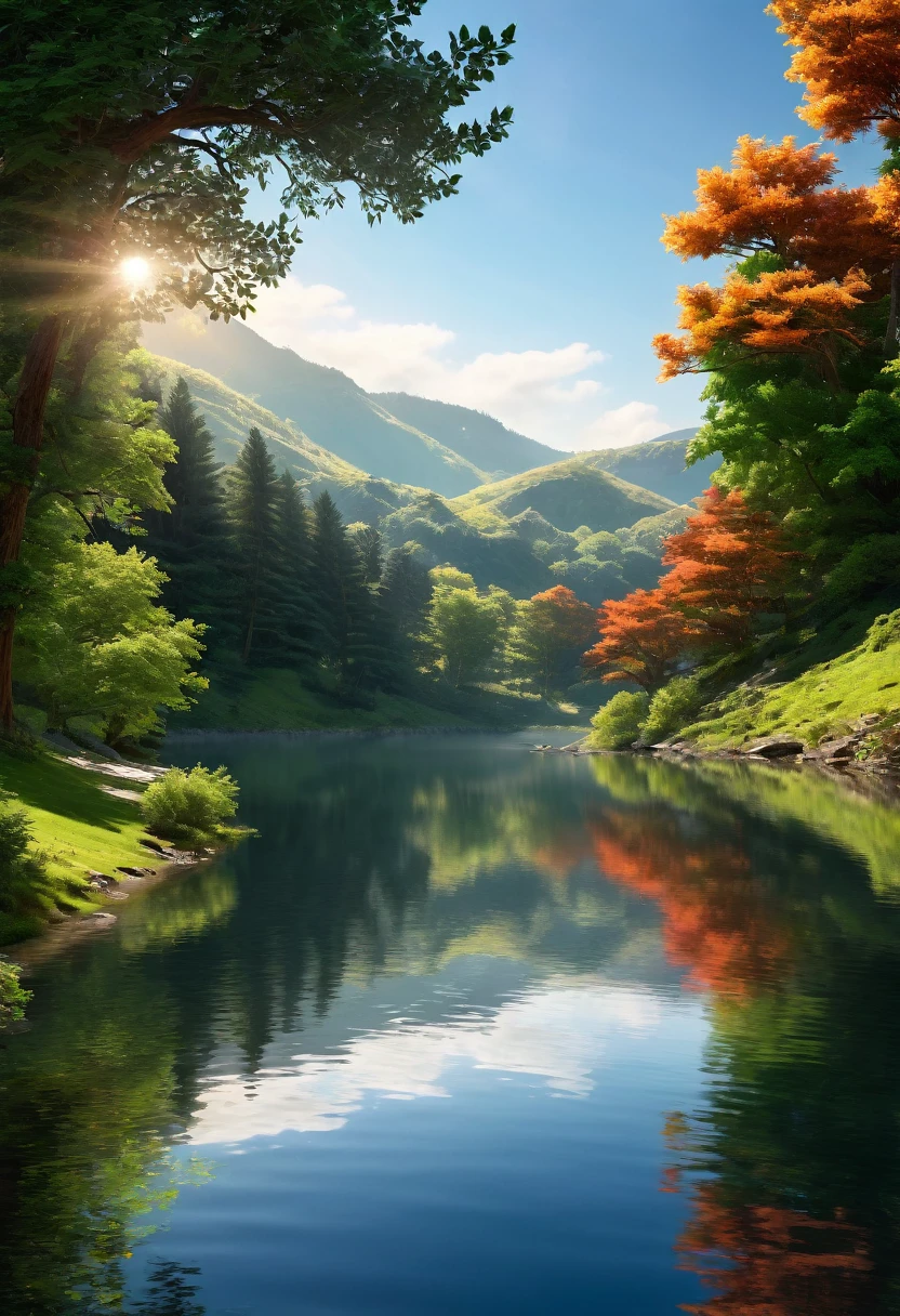 a beautiful natural landscape, dramatic lighting and shadow, lush greenery, sunlight filtering through trees, rolling hills, a serene lake, reflections on the water, birds in flight, wildflowers, detailed foliage, warm color tones, cinematic lighting, photorealistic, highly detailed, 8k, (best quality,4k,8k,highres,masterpiece:1.2),ultra-detailed,(realistic,photorealistic,photo-realistic:1.37),studio lighting,extreme detail description,vivid colors