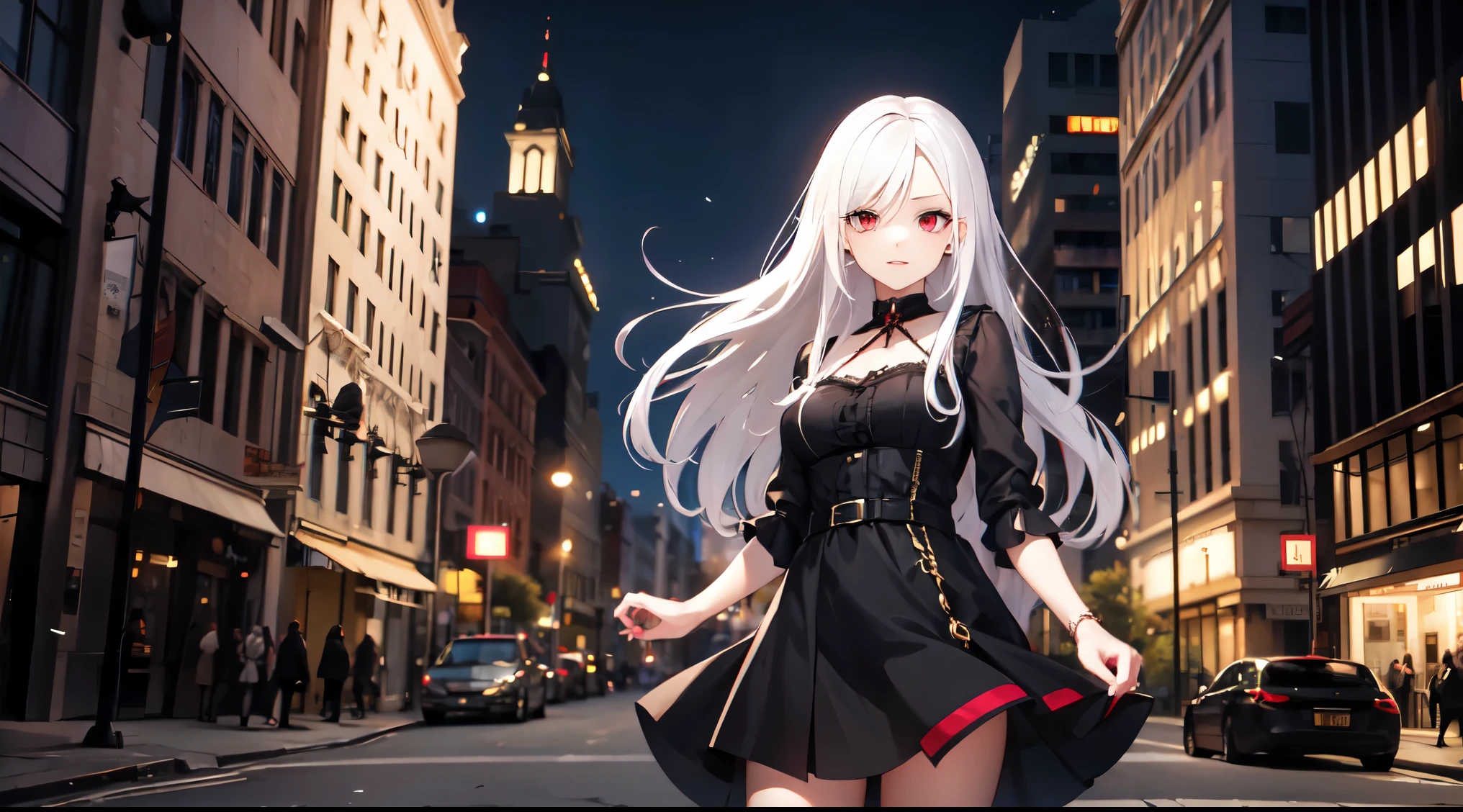 Anime girl in black dress walking down a city street at night - SeaArt AI