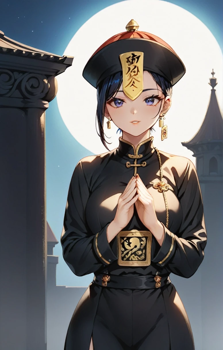 Masterpiece, Full body portrait, Score_9, Score_8_up, Score_7_up, Score_6_up, Score_5_up, Score_4_up, Jiangshi, One girl, Short Hair, cute, Pale skin, Dressed in black Chinese embroidered clothing, hat, Bill on forehead, Long sleeves that cover the hands:1.3, Stretch your arms straight out in front of you:1.5, Dangle your fingers down, Temple of the Night, moonlight, moonlight