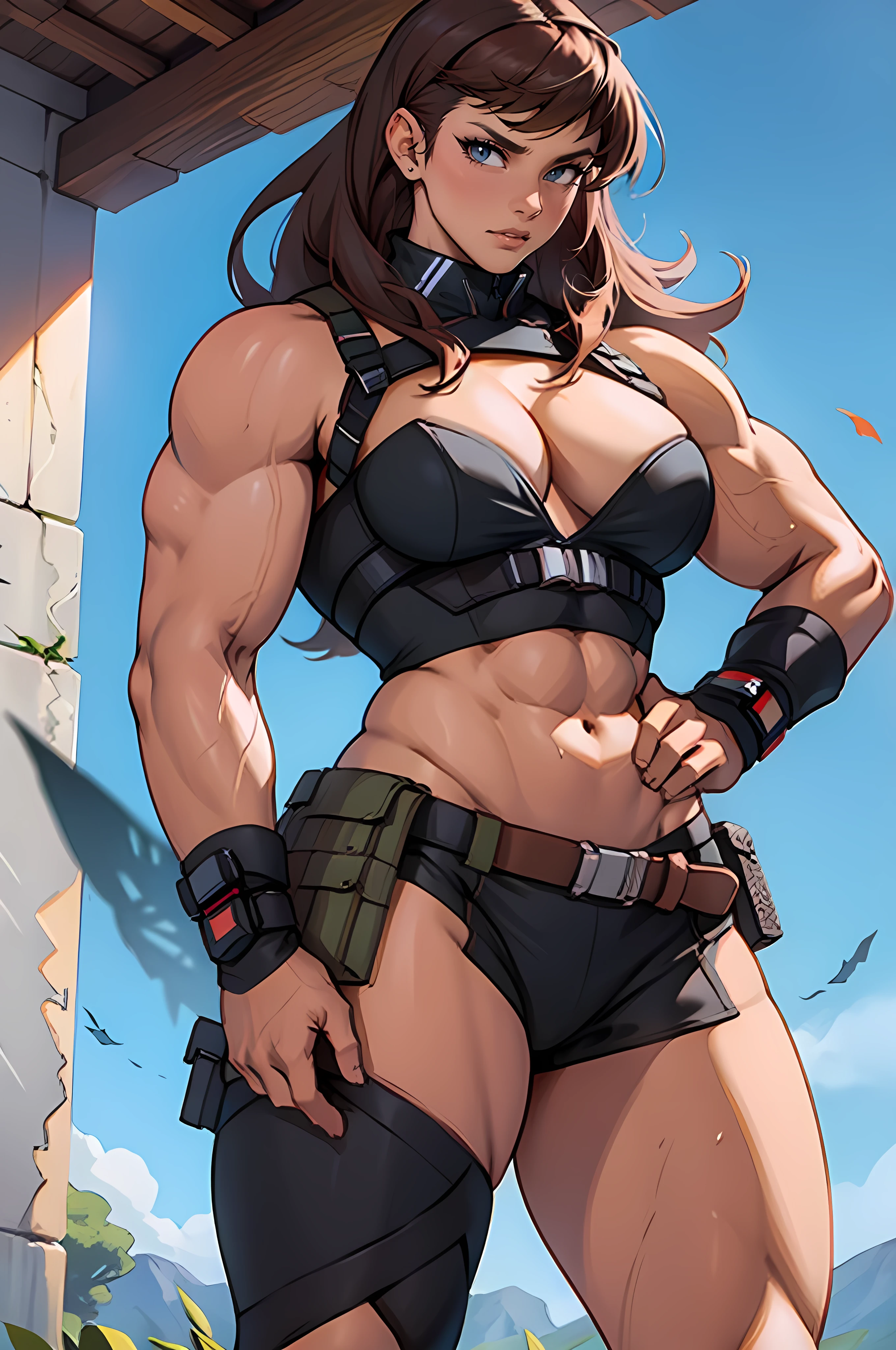 (((homem))), (((melhor qualidade))), (((obra prima))), (((adulto))), Um guerreiro mulher de 35 anos com corpo perfeito, Brooklyn Gladiators, (( under boobs )), estilo selvagem urbano de Simon Bisley para a capa da revista Heavy Metal, cabelo loiro, armadura, cheio de pontas e rebites, tatuagem tribal, (((do joelho pra cima))), cabelo desalinhado