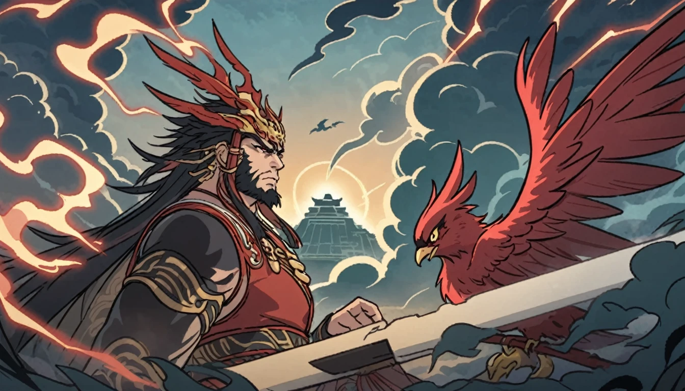 jade emperor, meeting leigong, jade emperor, 2gods, god of thunder, hammer chisel, wings, lightning, red wings, bird face, chinese god of thunder, close up, epic scene, lightning clouds, chinese style, clouds, thunder, lighting, flat vector, outlines, illuminating the sky, hd, vector, illustrated, hd, 4k detailed, high quality, artisitc